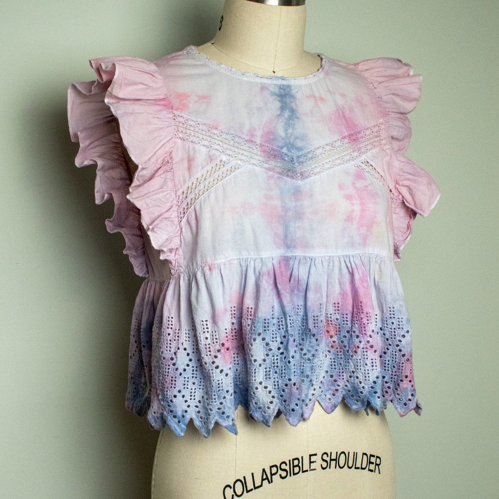 Customized Ruffle Blouse w/ Custom Tie-Dye - Withe Eyelet Lace